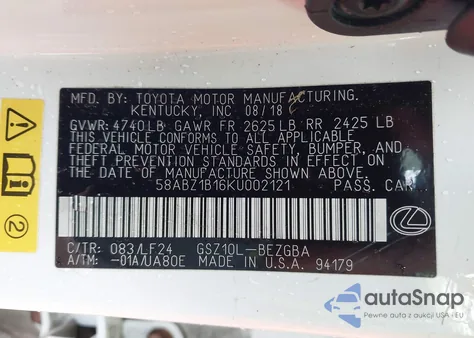 2019 Lexus Es 350 F Sport/Luxury/Ultra Luxury z USA, uszkodzony, nr VIN 58ABZ1B16KU002121